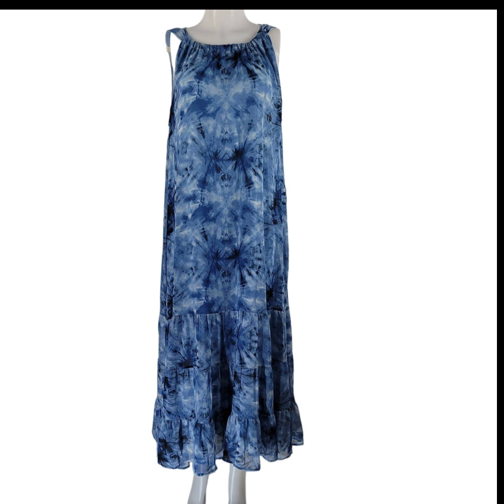Maggie Barnes Blue Tye Dye Ruffle Tier Maxi Work Vacation Womens Dress 14/16W